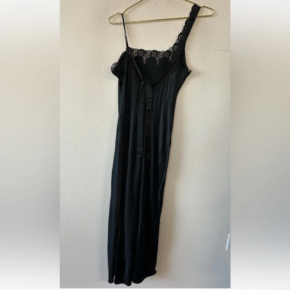 Vintage Y2K Black Silk Slip Dress Lace One Shoulder Maxi Goth S/M - Picture 13 of 13